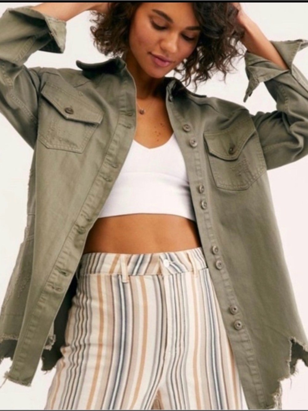 Free People Moonchild Olive Denim Button Down Shirt Jacket Shacket SZ XS
